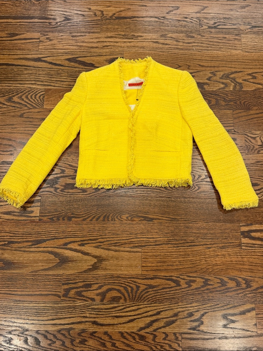 Alice + Olivia Yellow with Shimmer Tweed Cropped Tweed Blazer